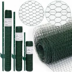 NIEDERBERG METALL Grillage à Mailles Hexagonales + Poteaux | Rouleau De 25m | Hauteur 0,5m | Maillage 13x13mm | Incl 20 Poteaux 80cm De Haut | Grillage Métallique Avec Revêtement En PVC Vert | Idéal Pour Animaux Et Plantes
