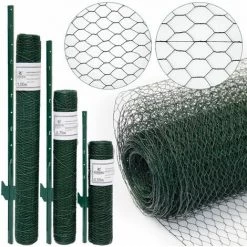 NIEDERBERG METALL Grillage à Mailles Hexagonales + Poteaux | Rouleau De 5m | Hauteur 0,5m | Maillage 13x13mm | Incl 4 Poteaux 80cm De Haut | Grillage Métallique Avec Revêtement En PVC Vert | Idéal Pour Animaux Et Plantes
